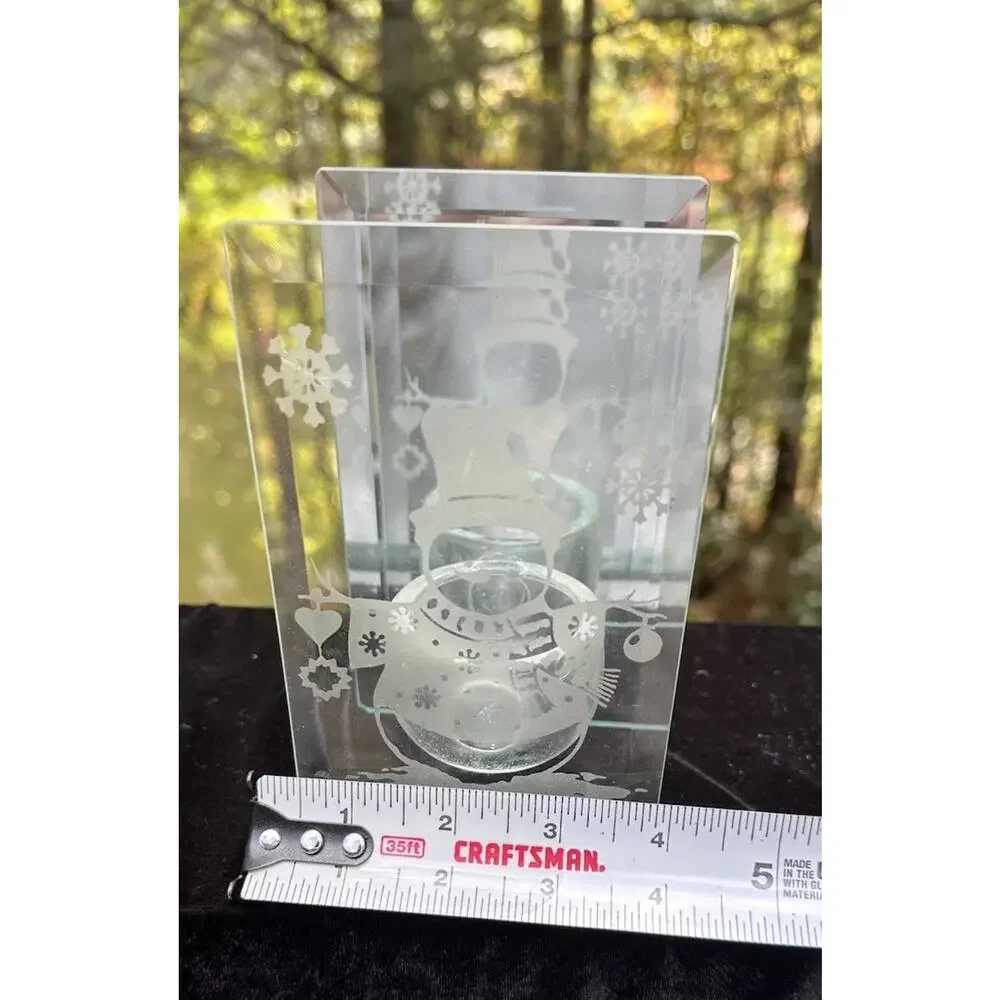 Vintage ArtMark Beveled Mirror Glass Candle Holder Snowman Etched -S64